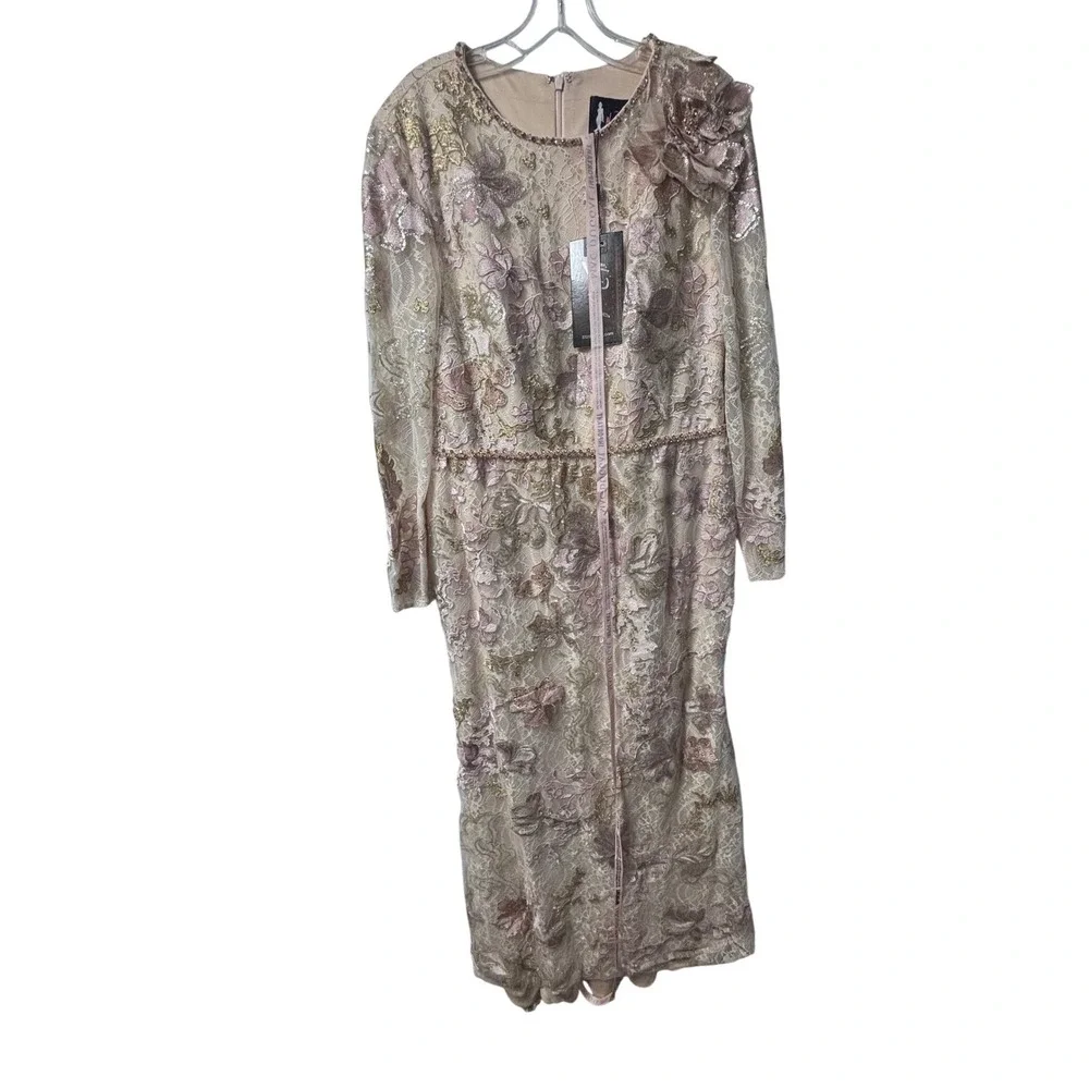 Mac Duggal 11174 Floral Sequin Lace Gown Blush Gold‎ Long Sleeve Gown Sz 14 $798
